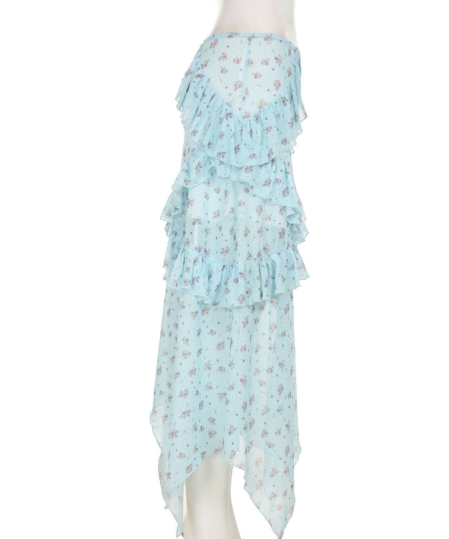 Whimsical Blue Floral Ruffle Tiered Maxi Skirt - Asymmetrical Hem for Effortless Fall Style