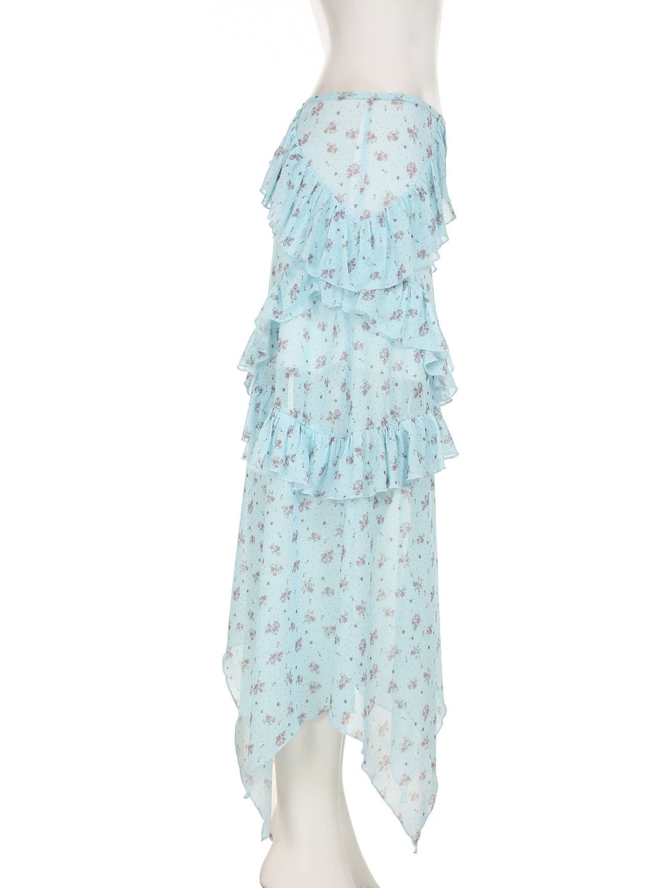 Whimsical Blue Floral Ruffle Tiered Maxi Skirt - Asymmetrical Hem for Effortless Fall Style