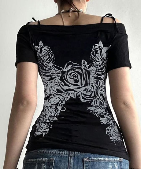 Bewitching Rose Wing Off-Shoulder Top | Y2K Grunge Graphic Tee for Spooky Season