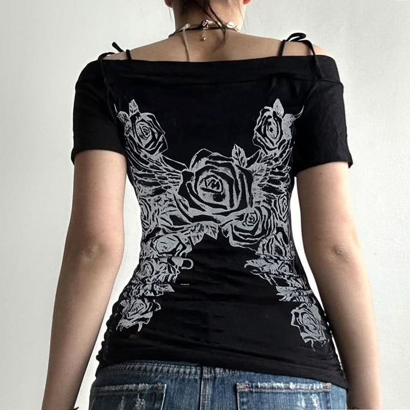 Bewitching Rose Wing Off-Shoulder Top | Y2K Grunge Graphic Tee for Spooky Season