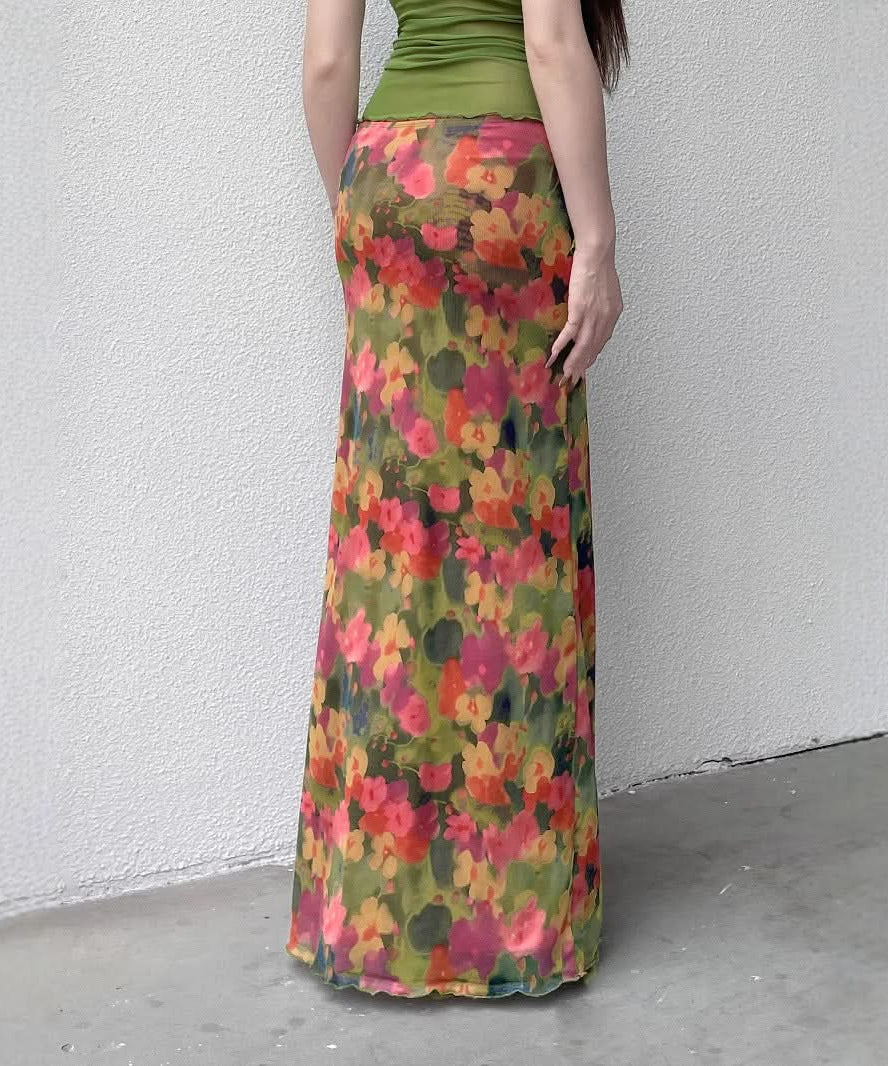 Vibrant Autumn Bloom Mesh Maxi Skirt with High Slit | Chic Fall Floral Statement