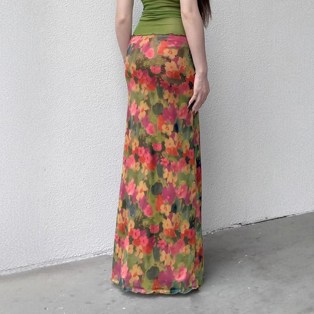 Vibrant Autumn Bloom Mesh Maxi Skirt with High Slit | Chic Fall Floral Statement