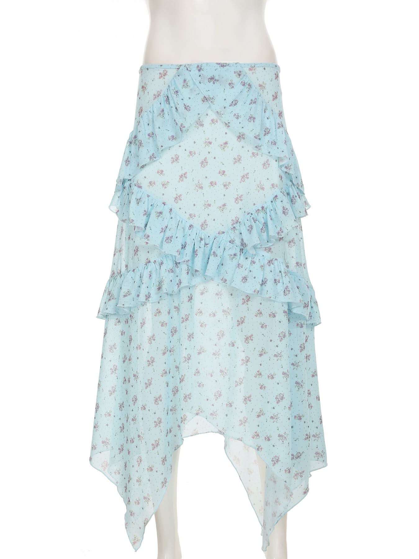 Whimsical Blue Floral Ruffle Tiered Maxi Skirt - Asymmetrical Hem for Effortless Fall Style