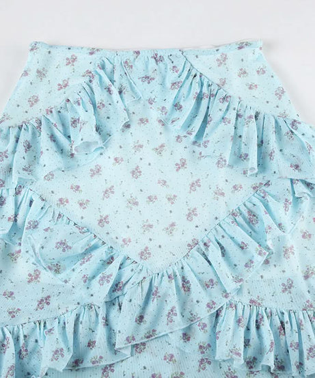 Whimsical Blue Floral Ruffle Tiered Maxi Skirt - Asymmetrical Hem for Effortless Fall Style