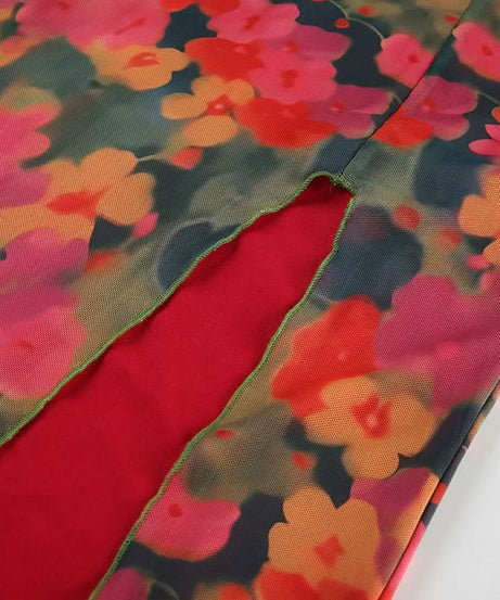 Vibrant Autumn Bloom Mesh Maxi Skirt with High Slit | Chic Fall Floral Statement