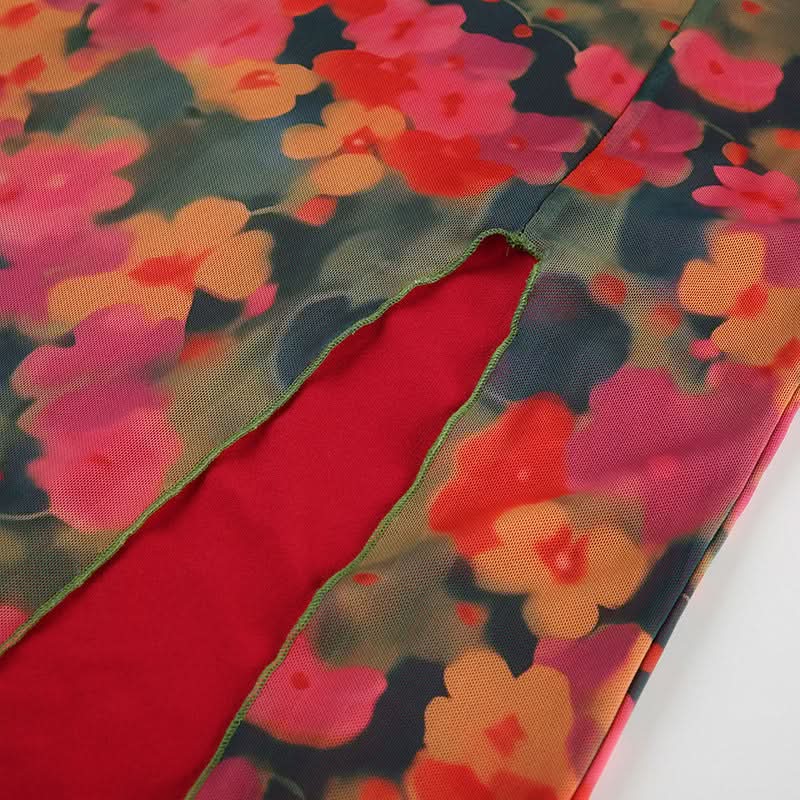 Vibrant Autumn Bloom Mesh Maxi Skirt with High Slit | Chic Fall Floral Statement