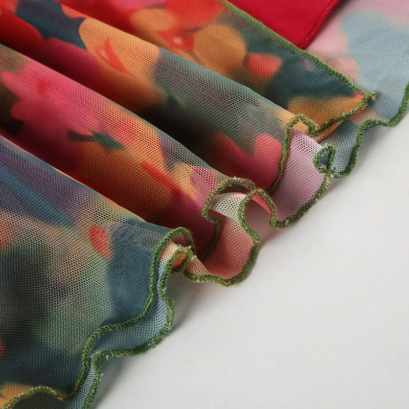 Vibrant Autumn Bloom Mesh Maxi Skirt with High Slit | Chic Fall Floral Statement