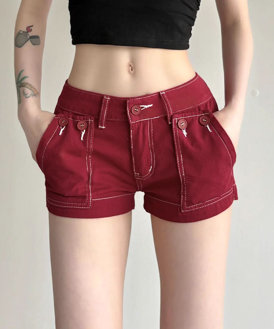 Autumn Red Low-Rise Utility Shorts - Y2K Contrast Stitch Mini