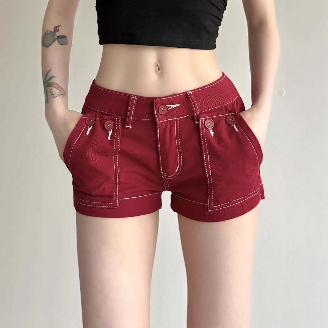 Autumn Red Low-Rise Utility Shorts - Y2K Contrast Stitch Mini