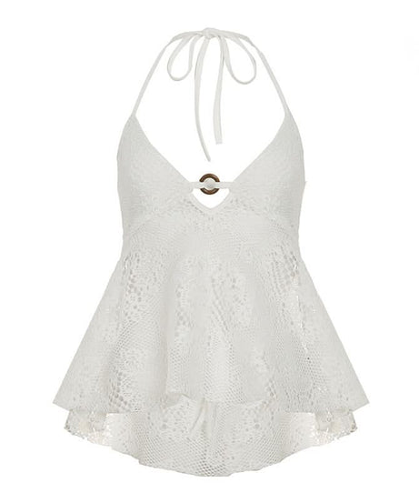 Effortless White Lace Halter Top - Chic O-Ring Detail for Your Fall/Winter Resort Getaway & Cruise