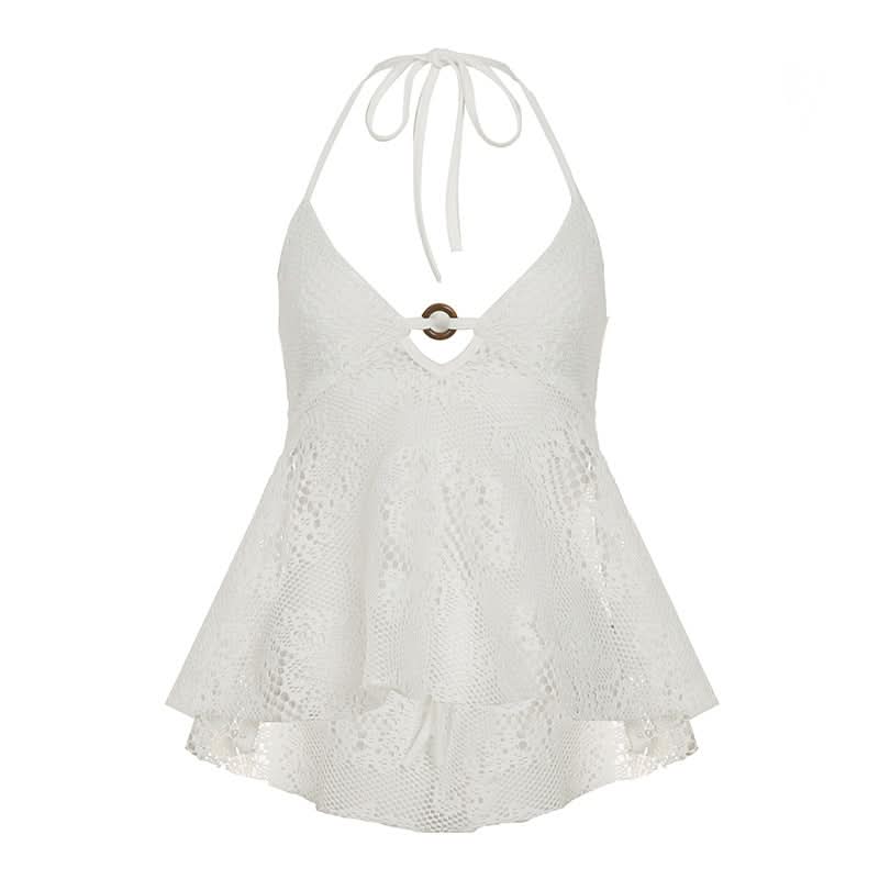 Effortless White Lace Halter Top - Chic O-Ring Detail for Your Fall/Winter Resort Getaway & Cruise