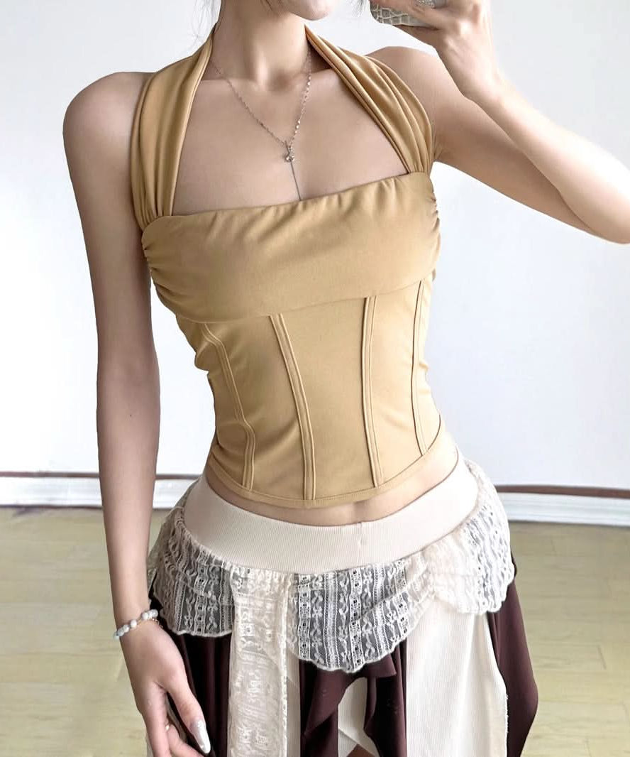 Chic Fall Halter Corset Crop Top | Square Neck Ruched Body-Sculpting Style