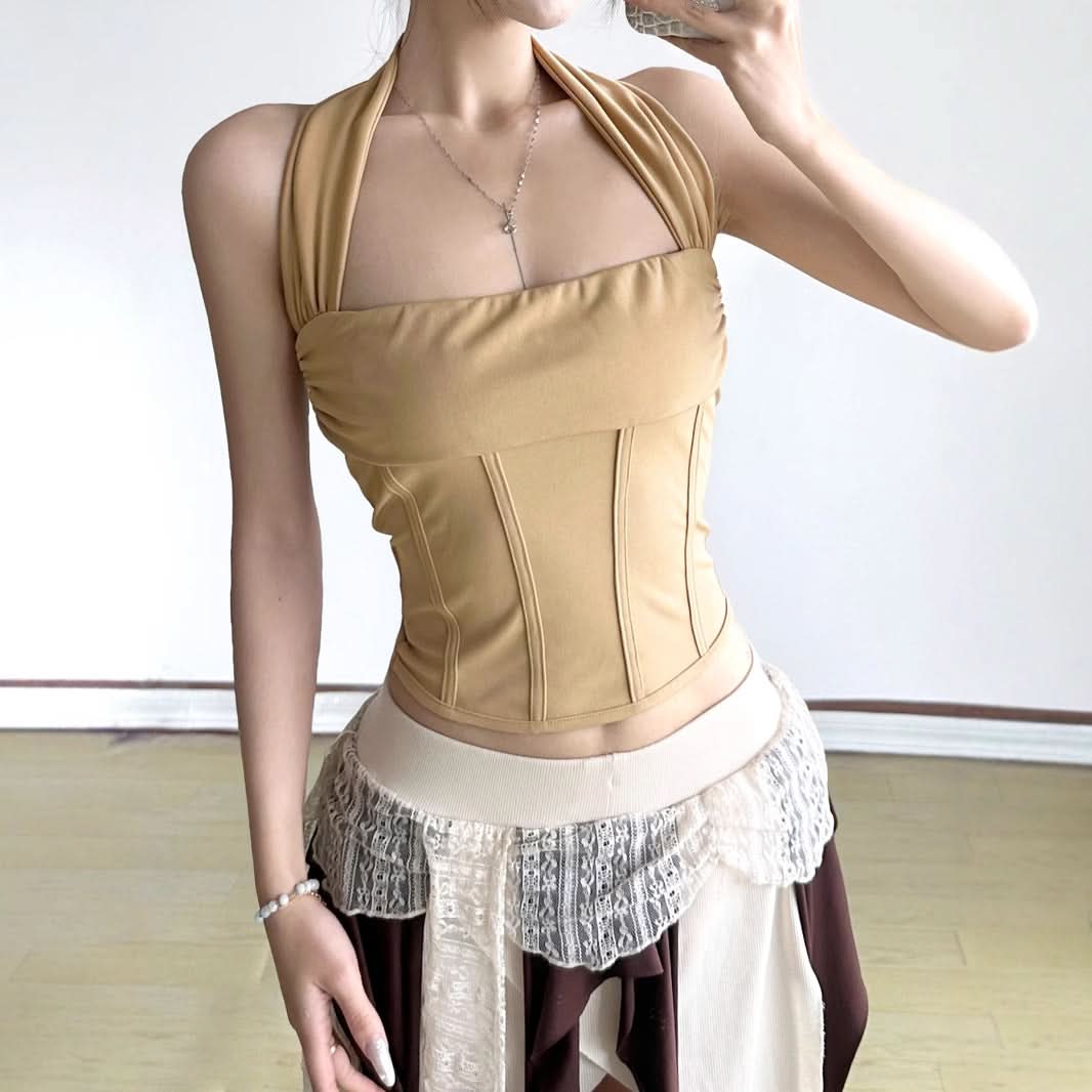 Chic Fall Halter Corset Crop Top | Square Neck Ruched Body-Sculpting Style