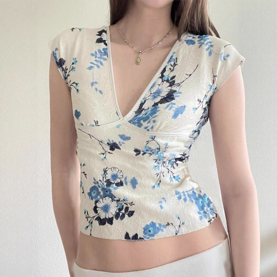 Y2K Chic Blue Floral V-Neck Crop Top - Delicate Cap Sleeve Blouse for Effortless Fall Layering
