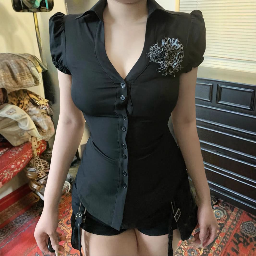 Autumn Edge: Women's Black V-Neck Puff Sleeve Button-Down Top with Leopard Accent