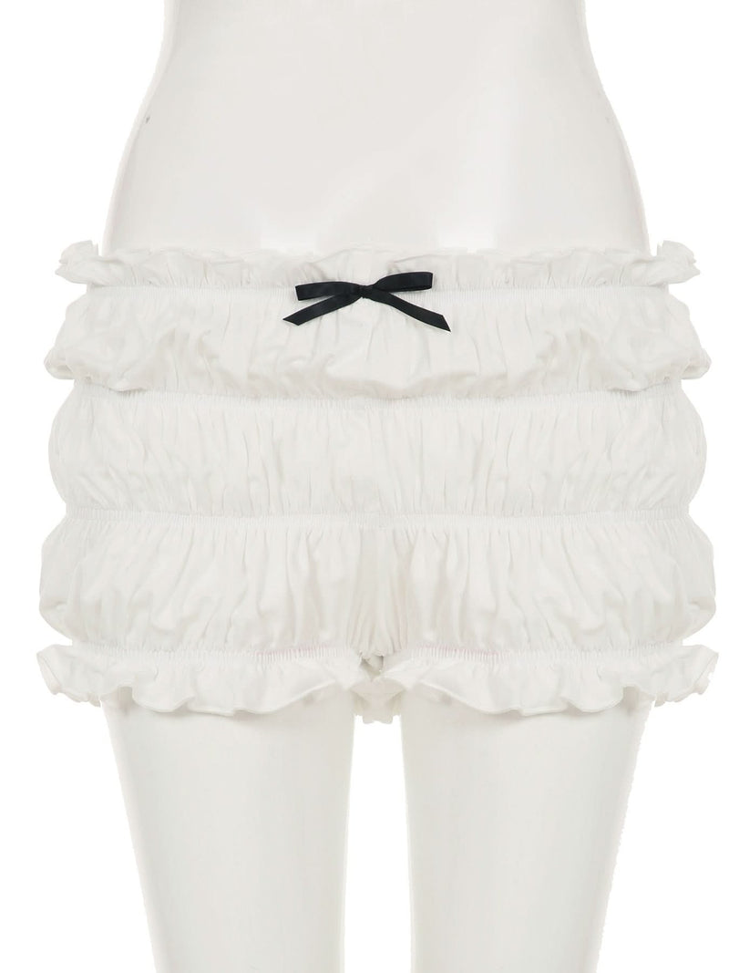 Coquette Dreamy Ruffle Bow Low Rise Shorts - White Ruched Loungewear & Halloween Charm