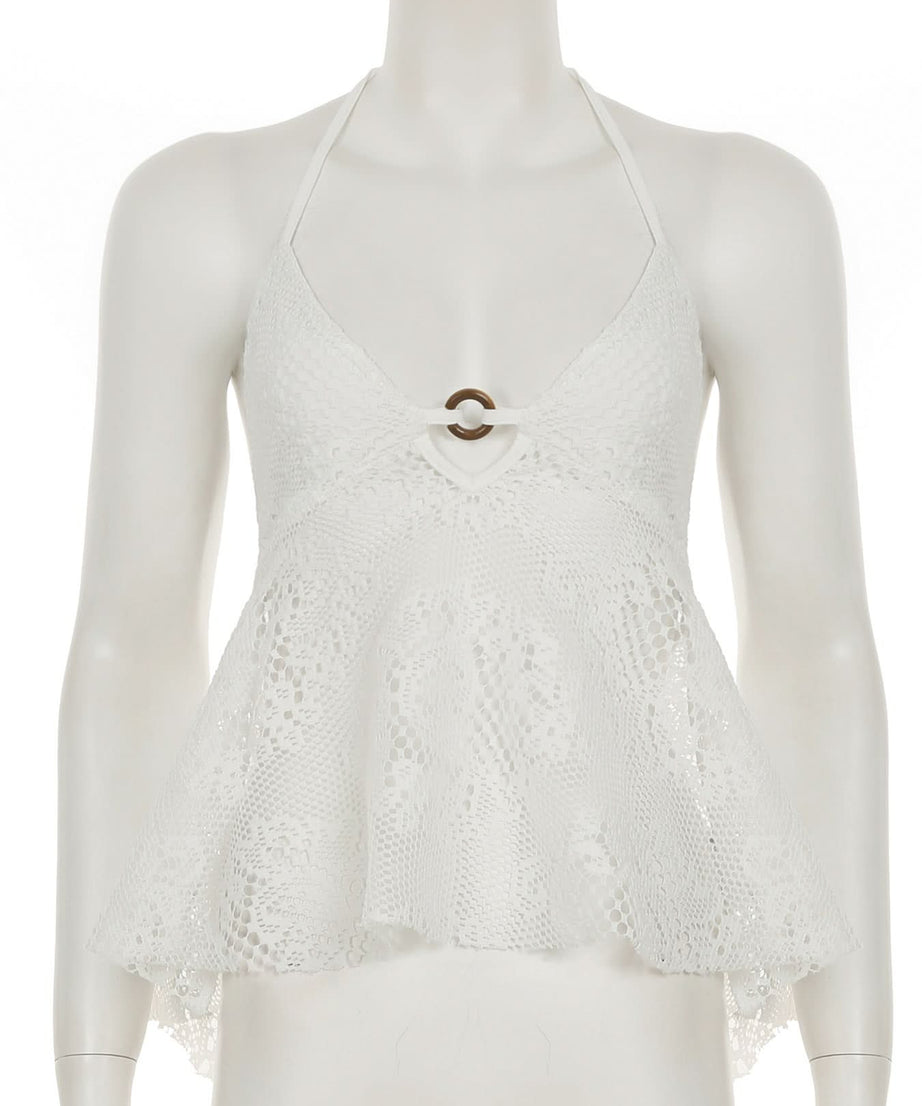 Effortless White Lace Halter Top - Chic O-Ring Detail for Your Fall/Winter Resort Getaway & Cruise
