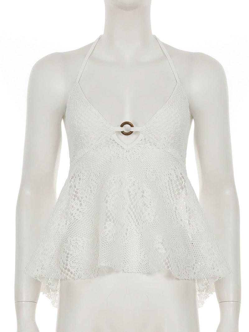Effortless White Lace Halter Top - Chic O-Ring Detail for Your Fall/Winter Resort Getaway & Cruise