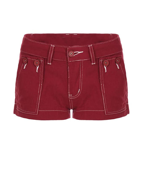 Autumn Red Low-Rise Utility Shorts - Y2K Contrast Stitch Mini