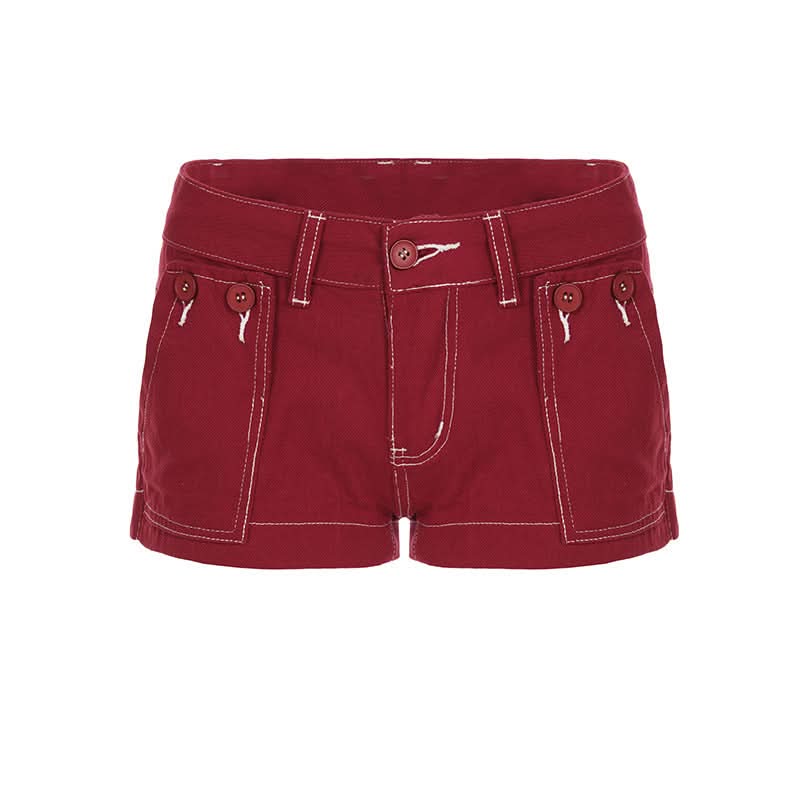 Autumn Red Low-Rise Utility Shorts - Y2K Contrast Stitch Mini