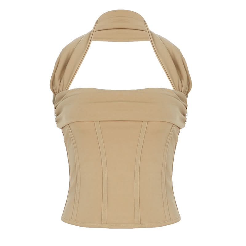 Chic Fall Halter Corset Crop Top | Square Neck Ruched Body-Sculpting Style