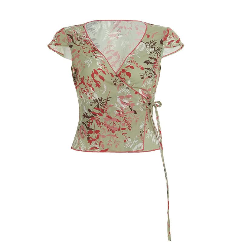 Effortless Autumn Bloom V-Neck Wrap Top - Fall Floral Tie-Waist Blouse