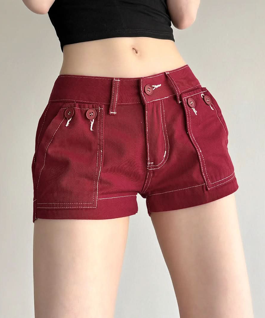 Autumn Red Low-Rise Utility Shorts - Y2K Contrast Stitch Mini