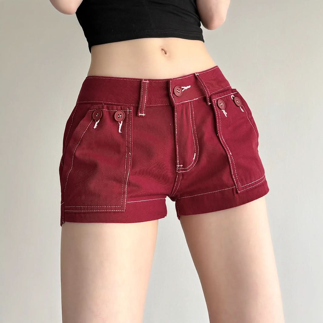 Autumn Red Low-Rise Utility Shorts - Y2K Contrast Stitch Mini