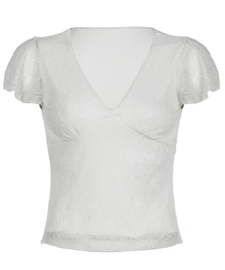 Y2K Chic Blue Floral V-Neck Crop Top - Delicate Cap Sleeve Blouse for Effortless Fall Layering