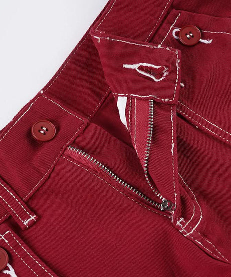 Autumn Red Low-Rise Utility Shorts - Y2K Contrast Stitch Mini