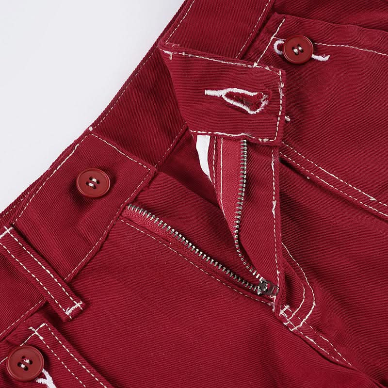 Autumn Red Low-Rise Utility Shorts - Y2K Contrast Stitch Mini