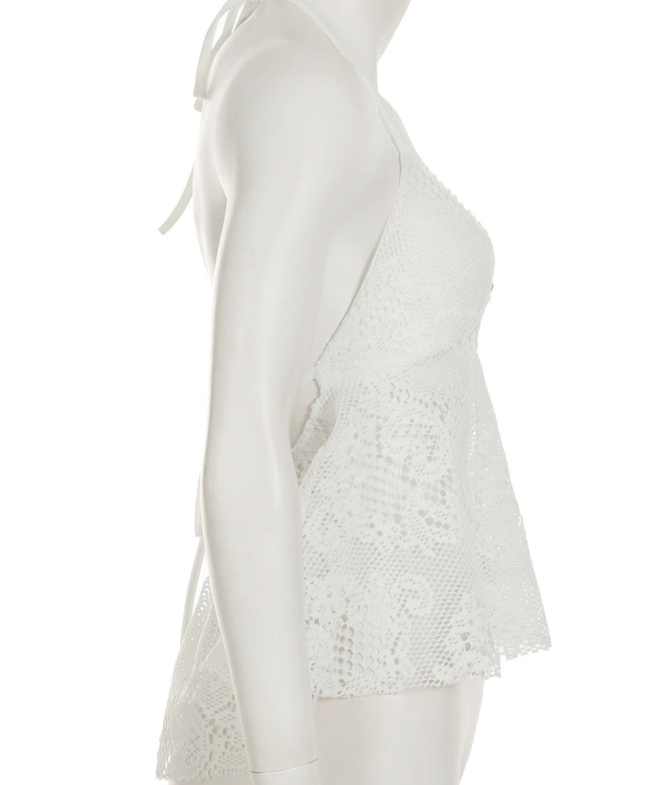 Effortless White Lace Halter Top - Chic O-Ring Detail for Your Fall/Winter Resort Getaway & Cruise
