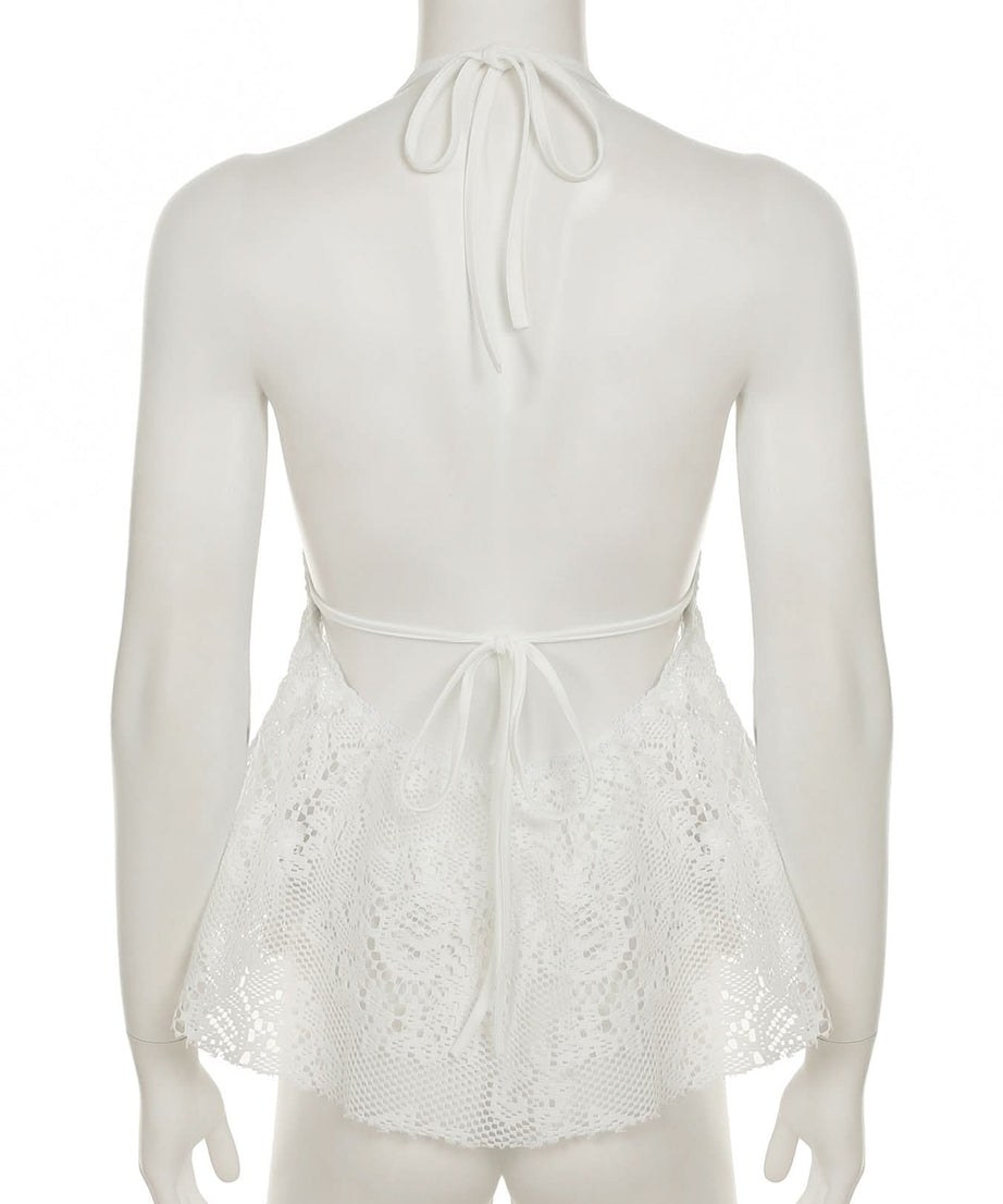 Effortless White Lace Halter Top - Chic O-Ring Detail for Your Fall/Winter Resort Getaway & Cruise