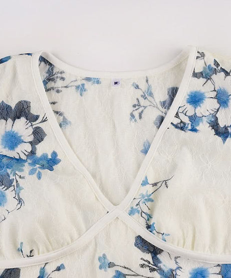 Y2K Chic Blue Floral V-Neck Crop Top - Delicate Cap Sleeve Blouse for Effortless Fall Layering