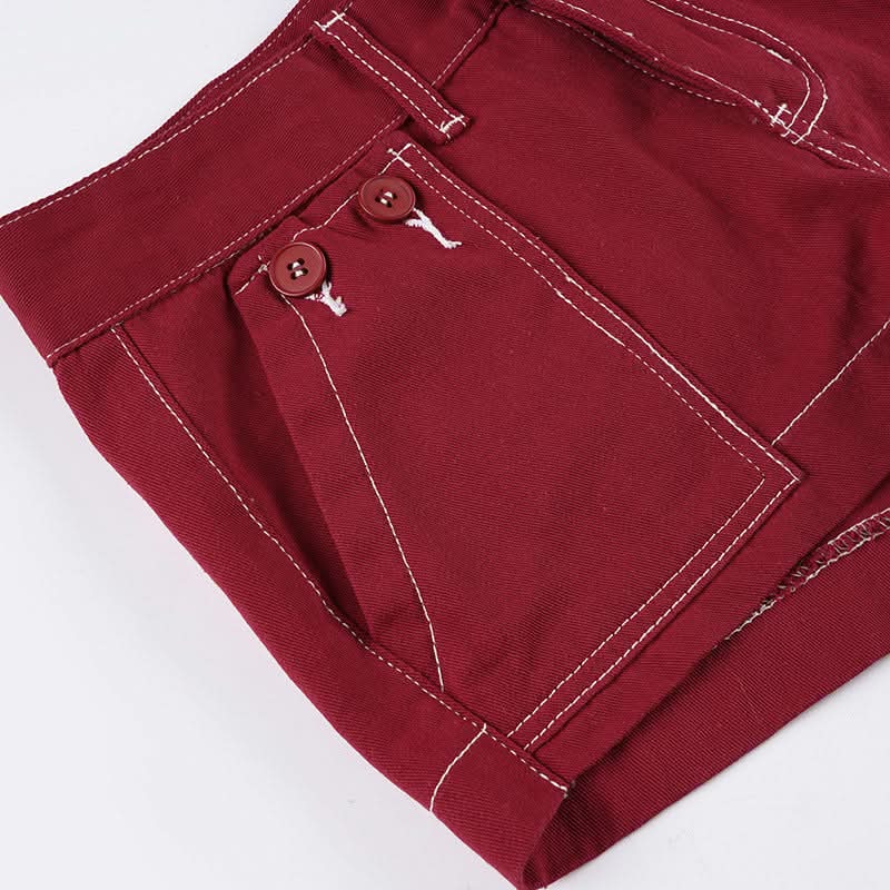 Autumn Red Low-Rise Utility Shorts - Y2K Contrast Stitch Mini
