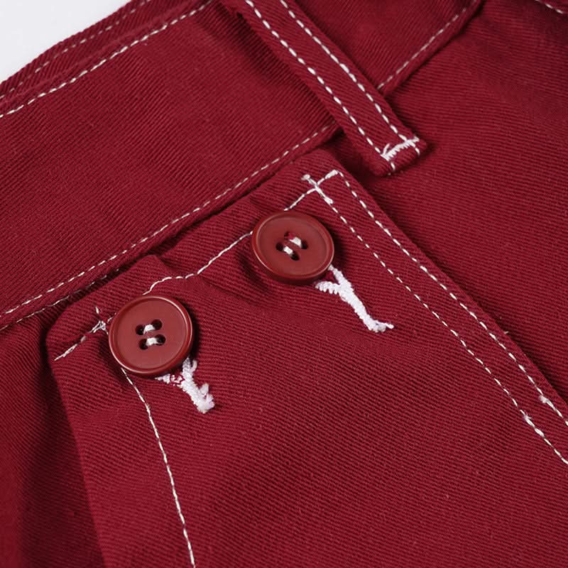 Autumn Red Low-Rise Utility Shorts - Y2K Contrast Stitch Mini