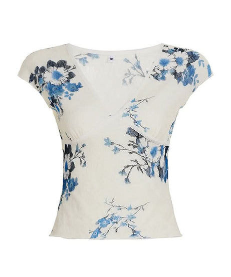 Y2K Chic Blue Floral V-Neck Crop Top - Delicate Cap Sleeve Blouse for Effortless Fall Layering