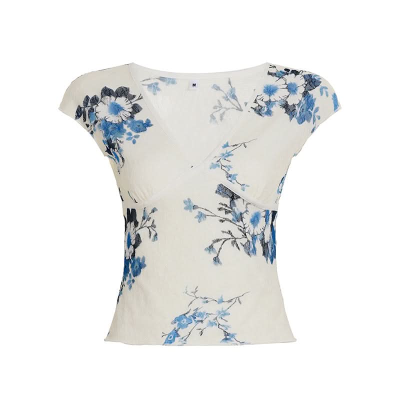 Y2K Chic Blue Floral V-Neck Crop Top - Delicate Cap Sleeve Blouse for Effortless Fall Layering