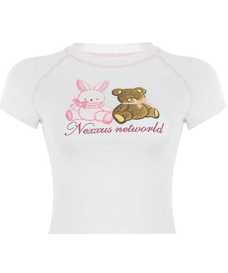 Sweet Kawaii Bunny & Bear Crop Top | Y2K Pink Stitch Slim Fit Tee for Cozy Fall Style