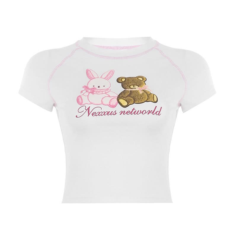 Sweet Kawaii Bunny & Bear Crop Top | Y2K Pink Stitch Slim Fit Tee for Cozy Fall Style