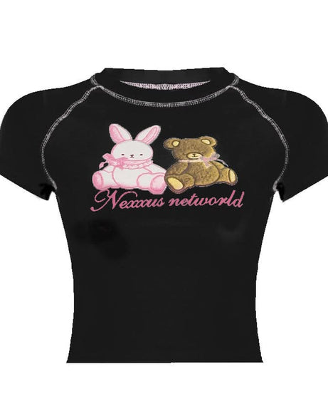 Sweet Kawaii Bunny & Bear Crop Top | Y2K Pink Stitch Slim Fit Tee for Cozy Fall Style
