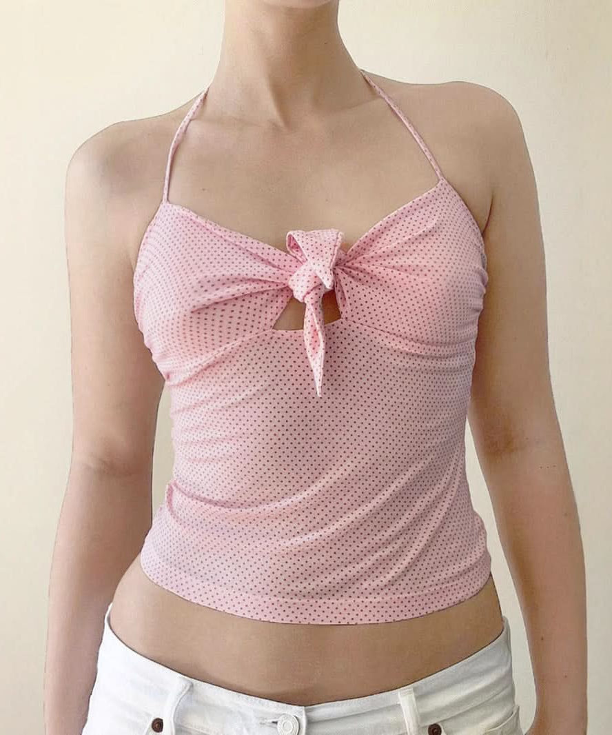 Effortless Chic: Y2K Pink Polka Dot Halter Crop Top with Tie Front & Cutout | Soft Knit Tank for Fall Styling