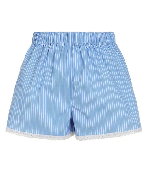 Effortless Blue & White Striped Lounge Shorts with Delicate Lace Hem – Your Cozy Fall Essential