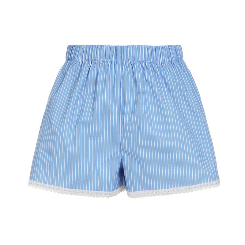 Effortless Blue & White Striped Lounge Shorts with Delicate Lace Hem – Your Cozy Fall Essential