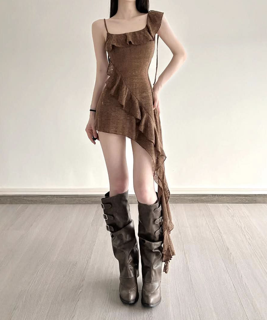 Effortless Fall Style: Asymmetrical Ruffle Mini Dress in Chic Mocha
