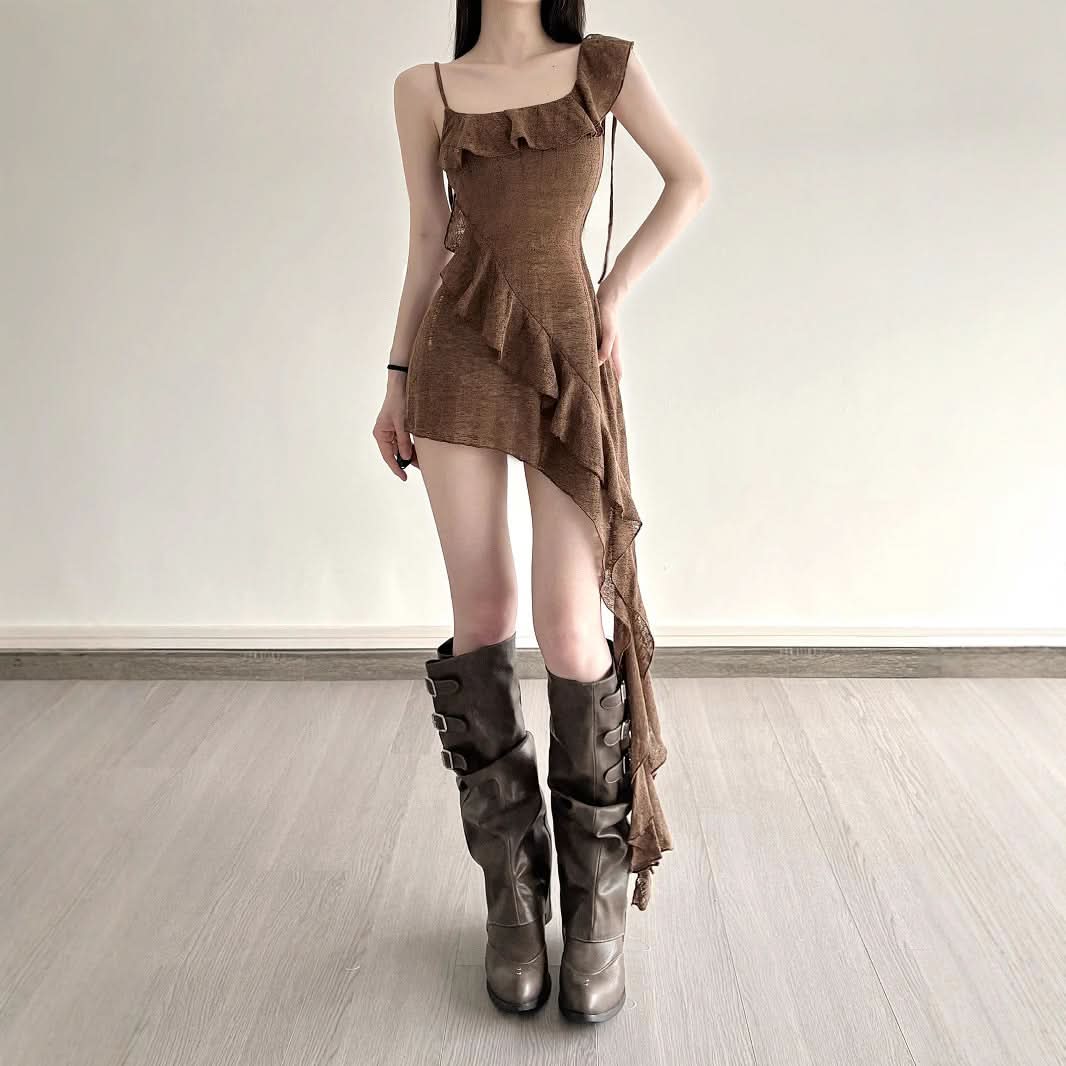 Effortless Fall Style: Asymmetrical Ruffle Mini Dress in Chic Mocha