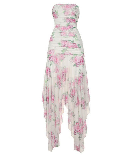 Autumn Bloom Strapless Maxi Dress - Chic Pink Floral Ruched High-Low for Fall Events & Resort Getaways