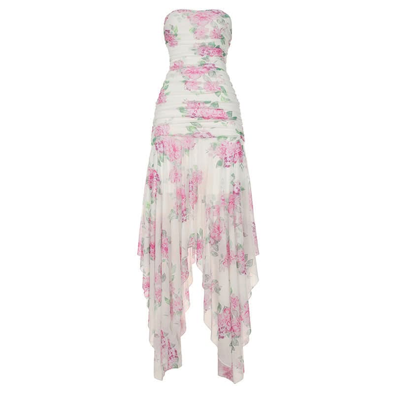 Autumn Bloom Strapless Maxi Dress - Chic Pink Floral Ruched High-Low for Fall Events & Resort Getaways