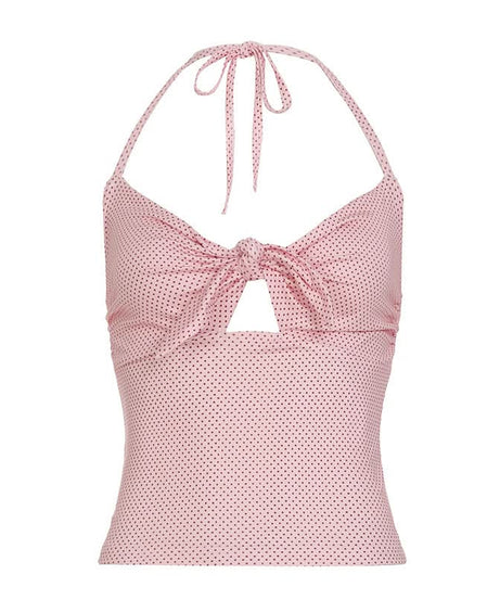 Effortless Chic: Y2K Pink Polka Dot Halter Crop Top with Tie Front & Cutout | Soft Knit Tank for Fall Styling