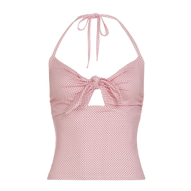 Effortless Chic: Y2K Pink Polka Dot Halter Crop Top with Tie Front & Cutout | Soft Knit Tank for Fall Styling